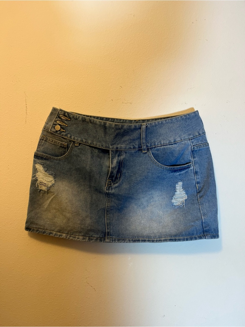 Blue Denim Mini Skirt Distressed Button Front Pockets Women’s Size L